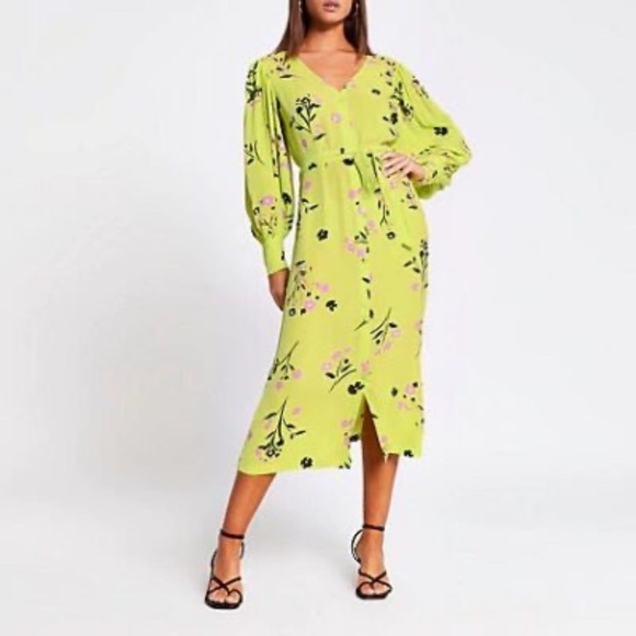 New! River Island Tie Waist Midi Dress Green Floral 31724 - Picture 1 of 12